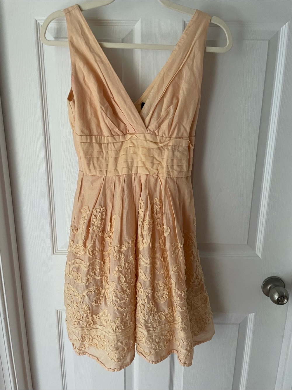 Peach V-Neck Floral Embroidered Fit & Flare Dress 100% Cotton